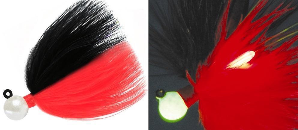 AERO FIREFLY 1/4 MARABOU JIG BLACK/FLAME W/RED GLOW STICK