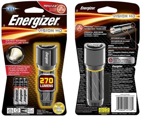 ENERGIZER VISION HD FLASHLIGHT 270 LUMEN USES 3AAA PERFORMANCE METAL LED STROBE