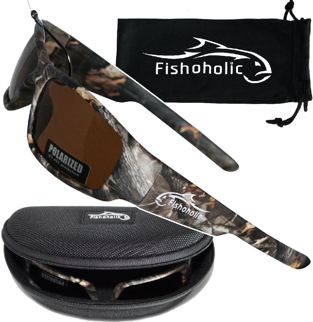 FISHOHOLIC SUNGLASSES CAMO/AMBER LENS POLARIZED WITH POUCH & HARD CASE - Gunarama