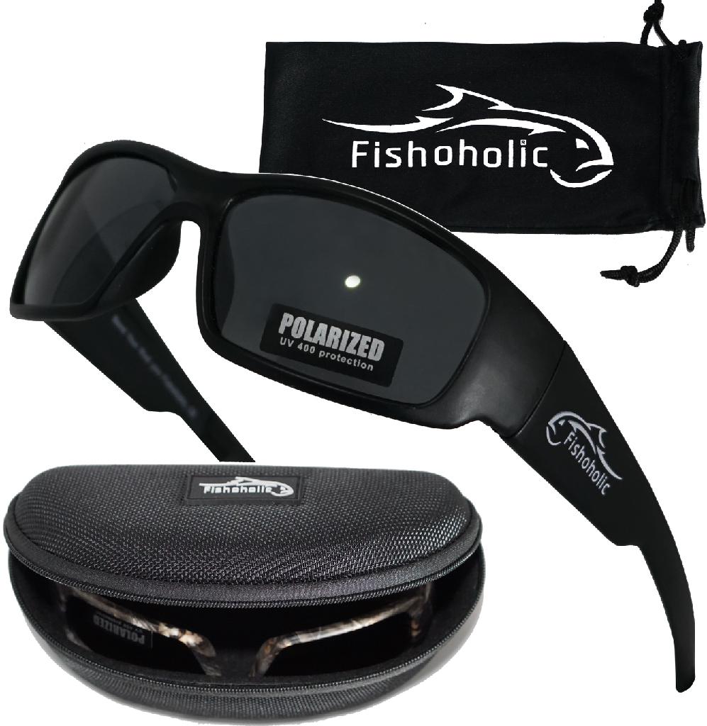 FISHOHOLIC SUNGLASSES MATTE BLK/BLK LENS POLARIZED WITH POUCH & HARD CASE