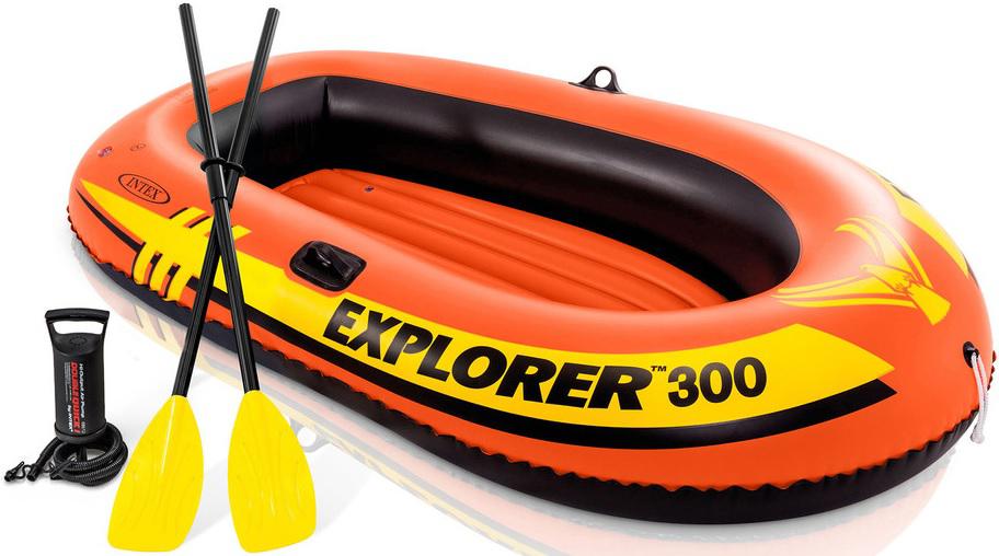 INTEX VINYL EXPLORER 300 3-MAN BOAT SET (W/48' FRENCH OARS AND AIR PUMP) - Gunarama