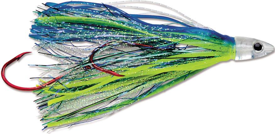 L/J JENSEN FLASH FLY RIG GLOW BLUE MAGOO 48' LEADER 12# TEST W/#2 VMC HOOKS