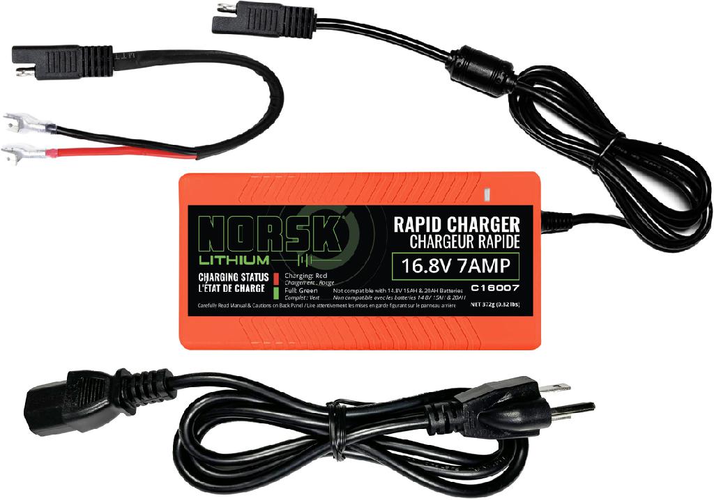NORSK PORTABLE LITHIUM RAPID CHARGER 16.8V-7A NMC W/SAE CABLES & QUICK CONNEC