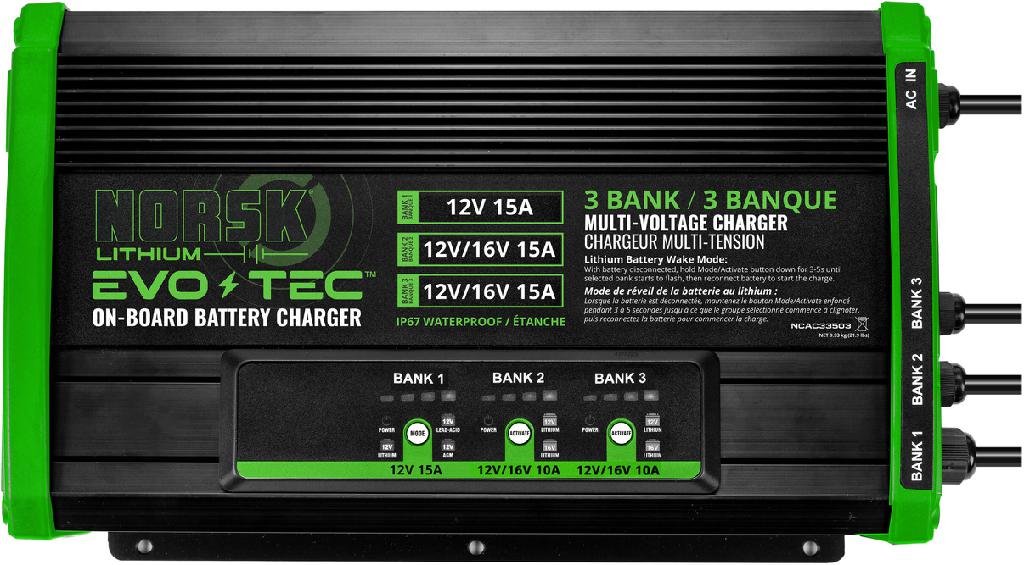 NORSK 3 BANK LITHIUM A/C ONBOARD CHARGER 12V-15A & 2-12/16V-10A MULTI-CHEM