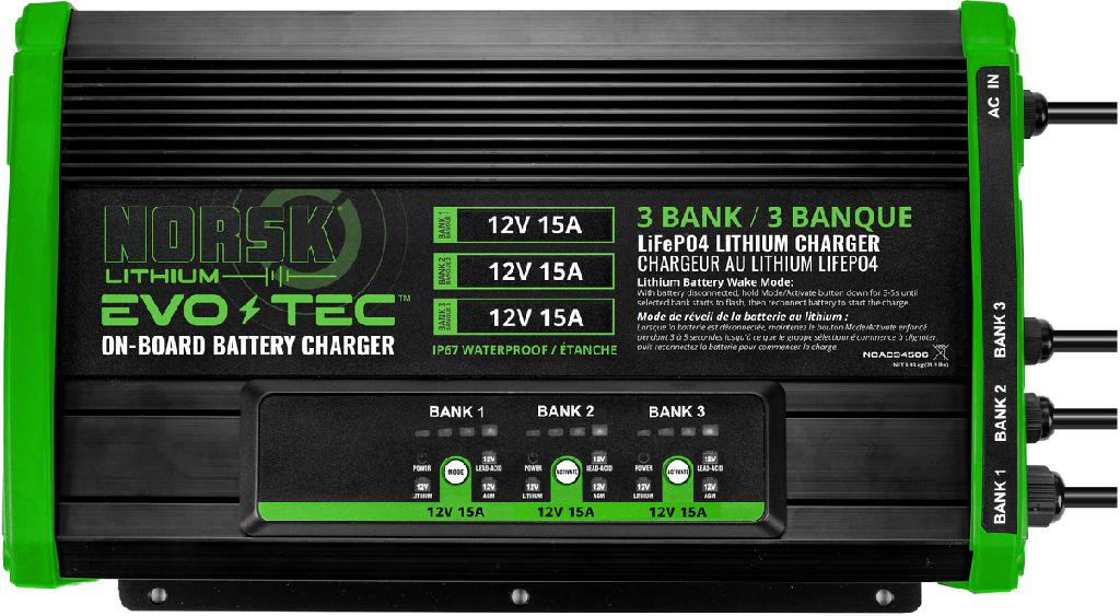 NORSK 3 BANK LITHIUM A/C ONBOARD CHARGER 12V-15A-12-15A-12V-15A MULTI-CHEM