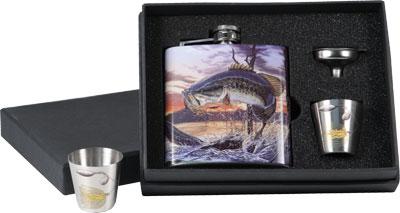 R.EDGE BASS FLASK WITH SHOT GLASS COMBO S/S 6oz FLASK 2 SHOT GLASSES AND FUNNEL