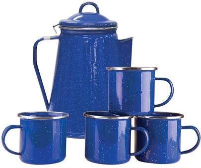 S/SPORT 8 CUP ENAMEL PERCOLATOR COFFEE POT SET (INCLUDES FOUR 12OZ MUGS)-BLUE