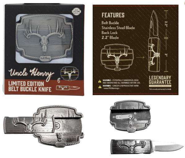 UNCLE HENRY BELT BUCKLE LOCKBACK KNIFE- DEER SKULL DESIGN W/BUILT-IN KNIFE*PROMO